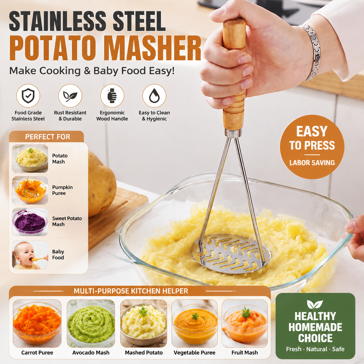 Meal Prep Potatoes - Stainless Steel Potato Masher Kitchen Tool